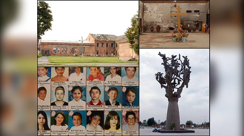 Фото погибших заложников и полуразрушенное здание школы №1 г. Беслана