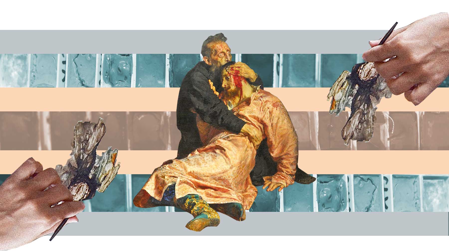 Полотно картины Ильи Репина «Иван Грозный и сын его Иван» находится на реставрационном столе под защитным стеклом undefined