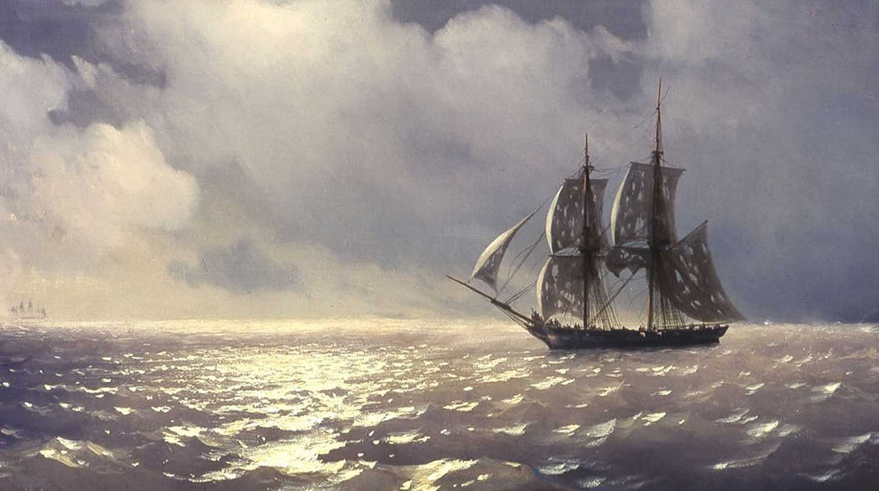 За героическую победу в 1829 году судно наградили Георгиевским флагом Бриг «Меркурий» на картине Ивана Айвазовского