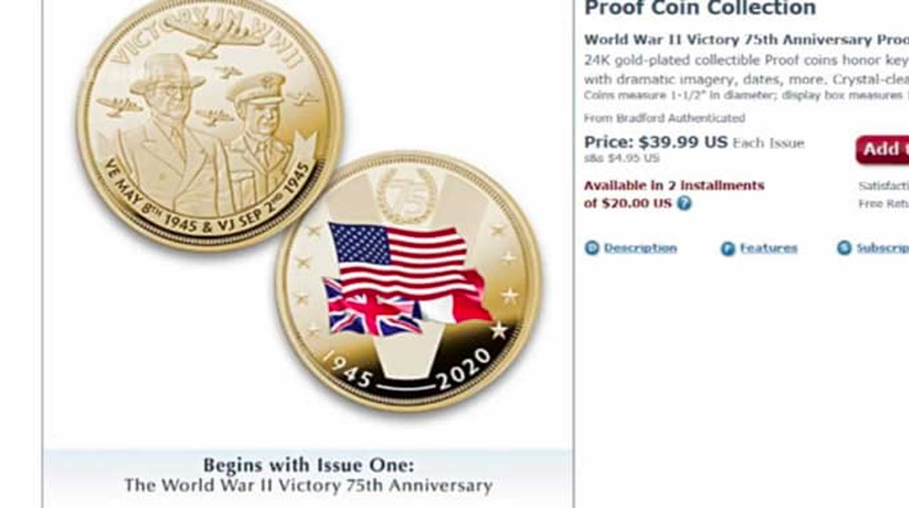 На монете, выпущенной к 75-летию победы над нацистской Германией, изображены только флаги США, Великобритании и Франции undefined