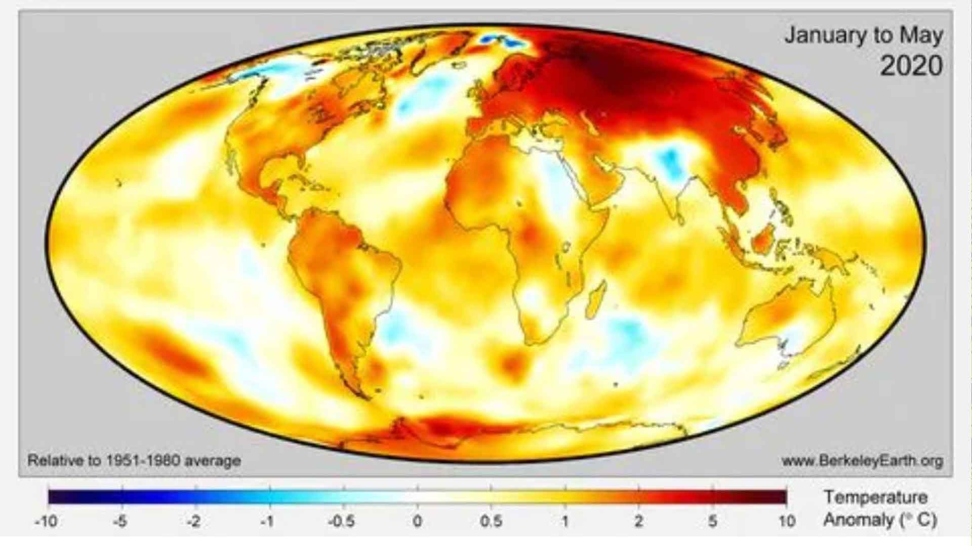 Глобальные отклонения температуры от средней за январь-май 2020 года по сравнению со средней за 1951-1980 годов